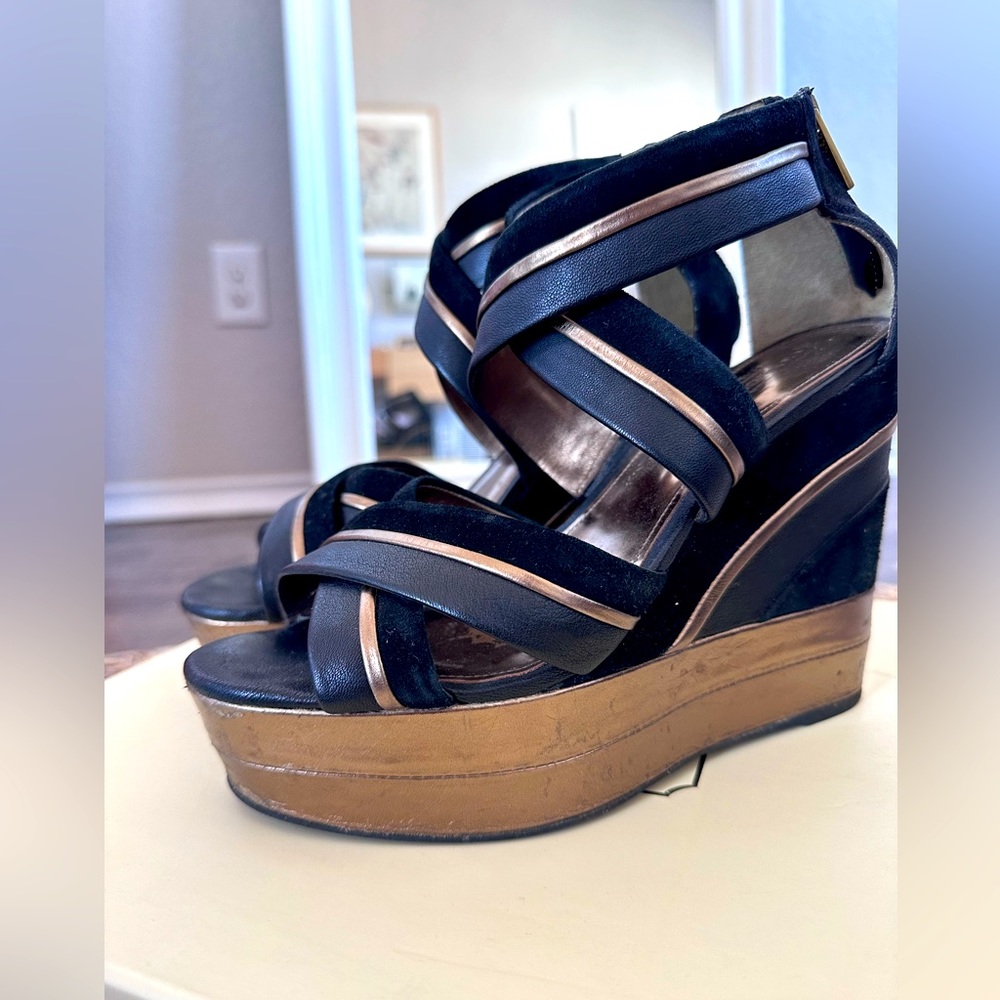 COACH Black & Gold Platform Sandals, Sz. 8.5